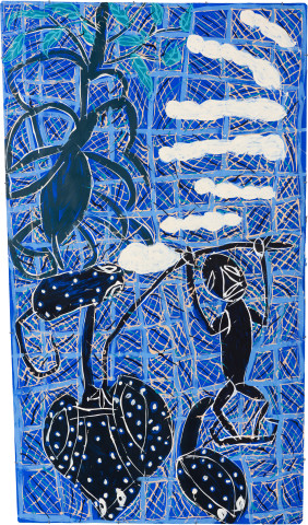 Dhambit Munuŋgurr Woŋgu, 2023; 9211-22; acrylic on bark; 210.5 x 118 cm; enquire