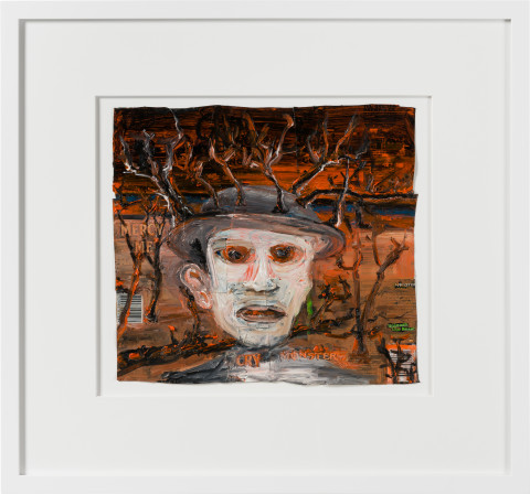 Fiona Hall cry monster, 2019; oil paint on aluminium drink cans; 54 x 58 cm; enquire