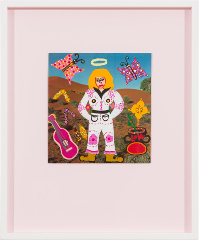 Kaylene Whiskey Dolly on Country, 2022; acrylic on page from found book; 21.7 x 20.2 cm; 47 x 39 cm (framed); enquire