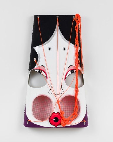 Claire Healy and Sean Cordeiro Okame, 2020; Kiowa helicopter engine cowl assembly, acrylic gouache, cotton sash cord; 107 x 60 x 14 cm; more info; enquire