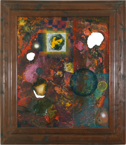 Dale Frank Mothers and Fathers and the Reel, 1986; acrylic & mixed media on canvas; 76 x 91 cm; enquire
