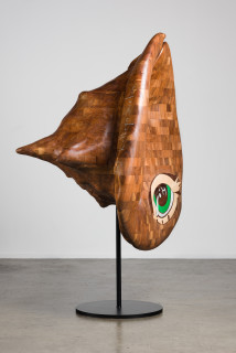 Del Kathryn Barton more the her, 2022; American Black Walnut with Cambia ash and Rock Maple wood, Abalone Green and White Fresh Water mother of pearl inlay, hardwax oil, blackened steel; 157 x 100 x 100 cm; 140kg; enquire