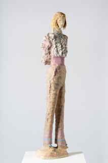 Linda Marrinon Woman with pink cummerbund, 2025; painted plaster and muslin; 118 x 30 x 18 cm; enquire