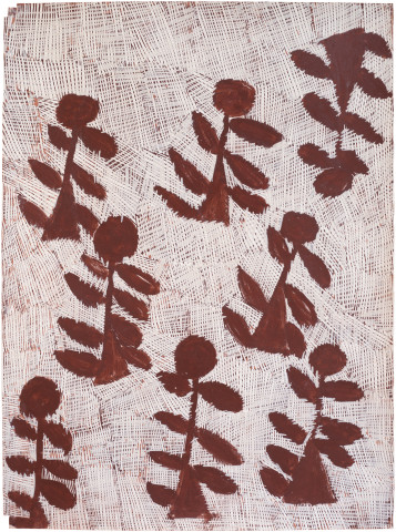 Nyapanyapa Yunupingu Djorra (paper) 11, 2014; TPA081; felt tip pen, earth pigments on discarded print proofs; 75 x 56 cm; Enquire