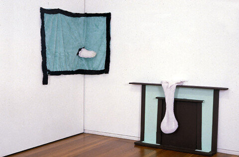 Kathy Temin Corner Green and Brown Problem , 1995; wood, synthetic fur, acrylic paint; 114 x 144 cm; 93 x 151 x 26 cm ; enquire
