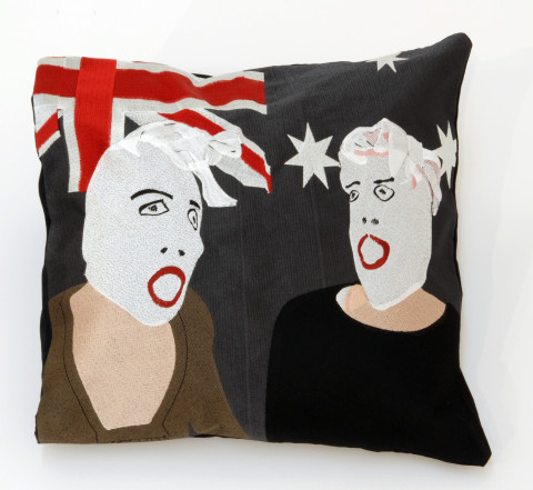 Destiny Deacon Fence sitters - cushion cover, 2007; Synthetic thread and cotton; 38 x 38 cm; Edition of 50; enquire