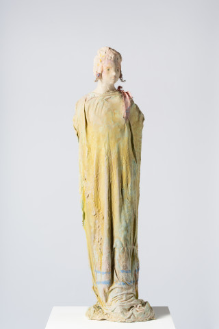 Linda Marrinon Woman with robe and pink ribbon, 2025; tinted and painted plaster with muslin; 110 x 30 x 25 cm; more info; enquire