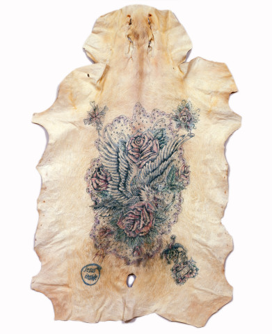 Wim Delvoye Untitled (Joker/Jesus Inside), 2007; tattooed pigskin, framed between glass; 190 x 139 cm; enquire