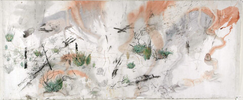 John Wolseley 5. The poet's fence I, 2004-05; watercolour and carbonised wood on paper; 123 x 300 cm (paper), 148.6 x 326.2 cm (framed); enquire