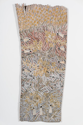 Yalmakany Marawili Meditjin, 2025; 4958-25; earth pigments on stringybark; 225 x 94 cm; more info; enquire