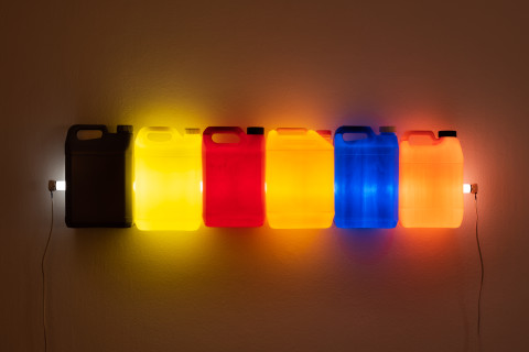 Bill Culbert Strait (Grey Yellow Red Orange Blue Orange), 2015; fluorescent light, plastic bottles; 30 x 120 x 12 cm; enquire