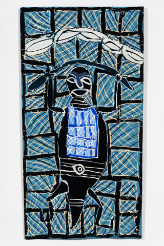 Dhambit Munuŋgurr Bol'ŋu, 2025; 2299-25; acrylic and earth pigment on bark; 127 x 68 cm; enquire