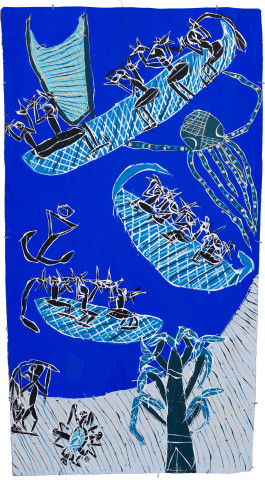 Dhambit Munuŋgurr Manggatharra, 2021; 157-21; earth pigments and acrylic on bark; 204 x 110 cm; more info; enquire