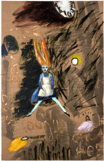 Jenny Watson Alice With Many Clocks, 1984; oil and dulux on hessian; 137 x 87 cm; enquire