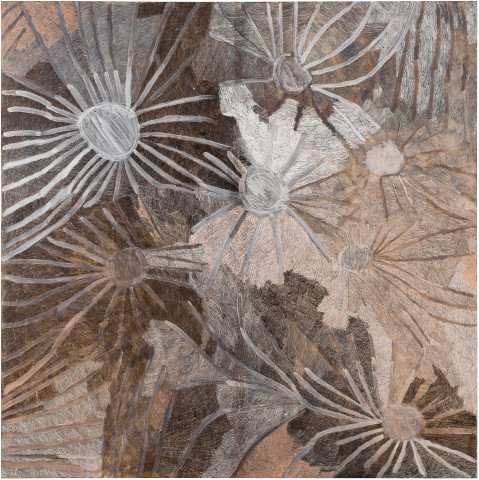 Nyapanyapa Yunupiŋu Ganyu Djulpan, 2019; 6545-19; natural earth pigments on board; 240 x 240 cm; more info; enquire