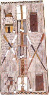 Les Midikuria Kunmatj + Marl Marl as Mardayin, 1993; natural ochre pigments on bark; 79 x 166 cm; enquire