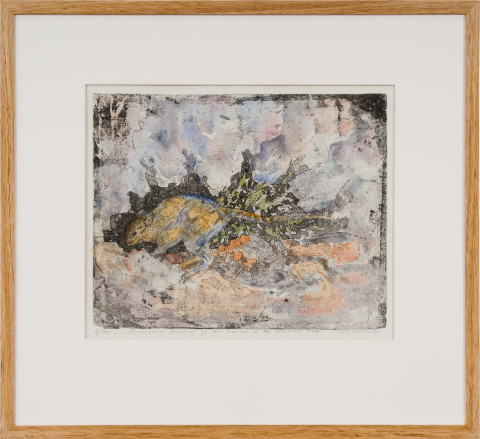 John Wolseley Burrowing Bettong by its Warren in the Calcrete Rocks, 2024; etching with watercolour; 32 x 40 cm; 59 x 64 cm (framed); Edition of 30; enquire
