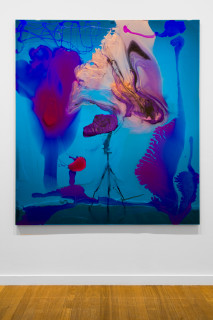 installation view; Dale Frank He hated everyone in his share house, as if proximity demanded emotional closeness, but he found the best way for it to work was as if each owed him a lot of cash, with interest, a specialised personal interest paid weekly, 2026; colour powder pigments in Epoxyglass, Epoxyglass, on perspex; 200 x 180 cm; enquire