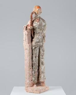 Linda Marrinon Pink and grey poet, 2026; tinted and painted plaster and hessian; 99 x 28 x 25 cm; enquire