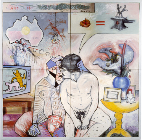 Juan Davila Art i$ Homosexual, 1983-85; oil on canvas and collage; 274 x 274 cm; enquire