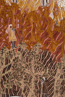 Yalmakany Marawili Miyalk Collecting Bush Ŋatha (detail), 2026; 2316-26; earth pigments on stringybark; 85 x 97 cm; enquire