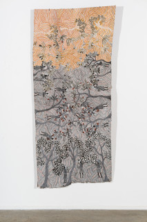 installation view; Yalmakany Marawili Harvesting fruit, 2025; 3525-25; earth pigments on stringybark; 216 x 97 cm; enquire