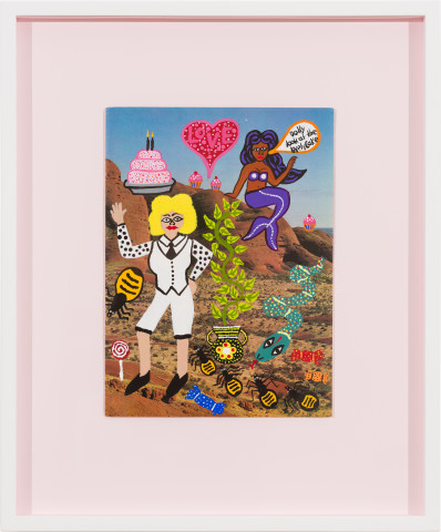 Kaylene Whiskey Dolly and the Lovely Cake, 2022; acrylic on page from found book; 27.6 x 20.2 cm; 47 x 39 cm (framed); enquire