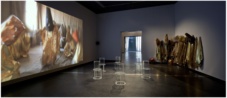 Installation view; Mikala Dwyer Goldene Bend'er, 2013; Single-channel HD video; steel, glass, perspex, shit; mixed fabrics, plastic, paint
Video: 13 minutes, 16:9, colour, no sound; Dimensions variable; enquire