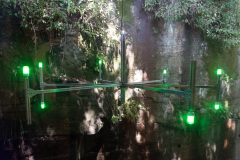 Marley Dawson WING/Studio (green), 2024; aluminium, stainless steel, electrics; 80 x 170 x 170 cm; more info; enquire