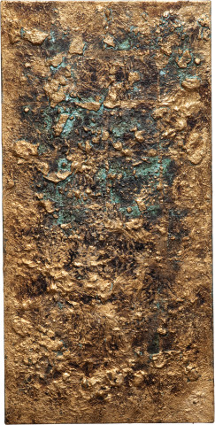 Kirtika Kain Blue Bloods XIII, 2023; gold leaf, acrylic paint, tar, plaster, rangoli pigment; 102 x 51 cm; more info; enquire
