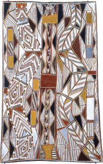 Les Midikuria Borlang 1 Head + Tail Showing, 1993; natural ochre pigments on bark; 83 x 138 cm; enquire
