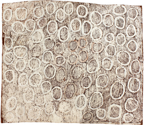 Nyapanyapa Yunupiŋu Circles, 2011; 4016Q; natural earth pigments on bark; 79 x 92 cm; enquire