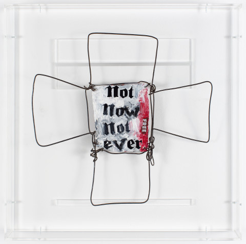 Fiona Hall zero sum, 2017; aluminum can, tin, wire, paint; 38 x 38 x 7 cm; enquire