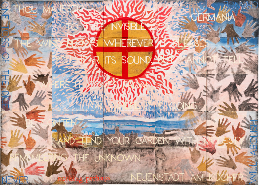 Imants Tillers Thou Majestic: Germania, 2025; synthetic polymer paint, gouache on 25 canvasboards, nos. 117212-117236; 127 x 177.8 cm; enquire