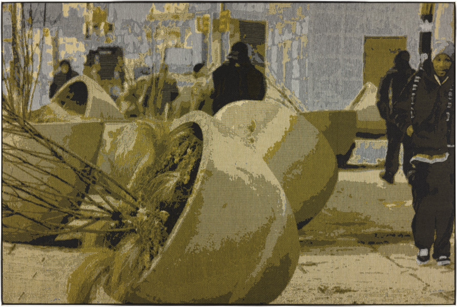 Marley Dawson Broad between Arch and Race / fan blanket, 2018; cotton/rayon digital tapestry, maple stretcher, stainless steel frame; 102 × 152 × 4cm