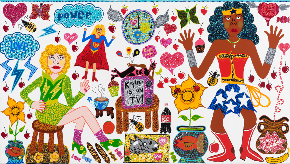 Kaylene Whiskey, Kaylene is on TV, 2023, acrylic on linen, 112 x 198 cm