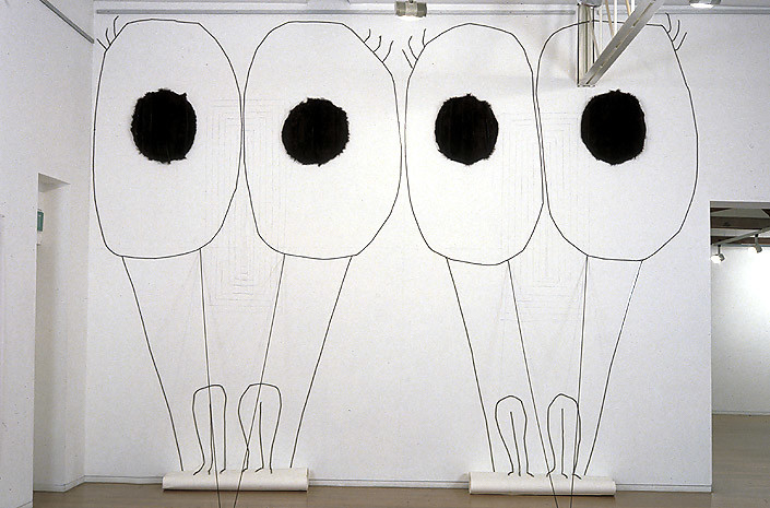 Kathy Temin Wall Drawing with Parts, 1995; doubled sided tape, cord, paper, synthetic fur, wood; dimensions variable; enquire
