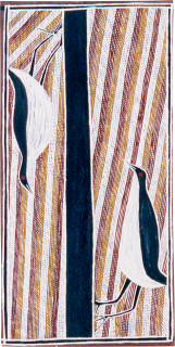 David Malangi Bungulata - Plovers, 1991; natural ochre pigments on Stringybark; 60 x 30 cm; enquire