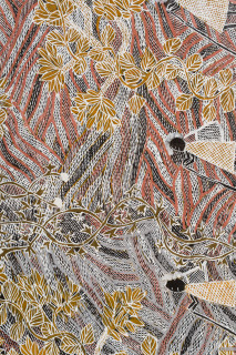 Yalmakany Marawili Meditjin (detail), 2025; 4958-25; earth pigments on stringybark; 225 x 94 cm; enquire