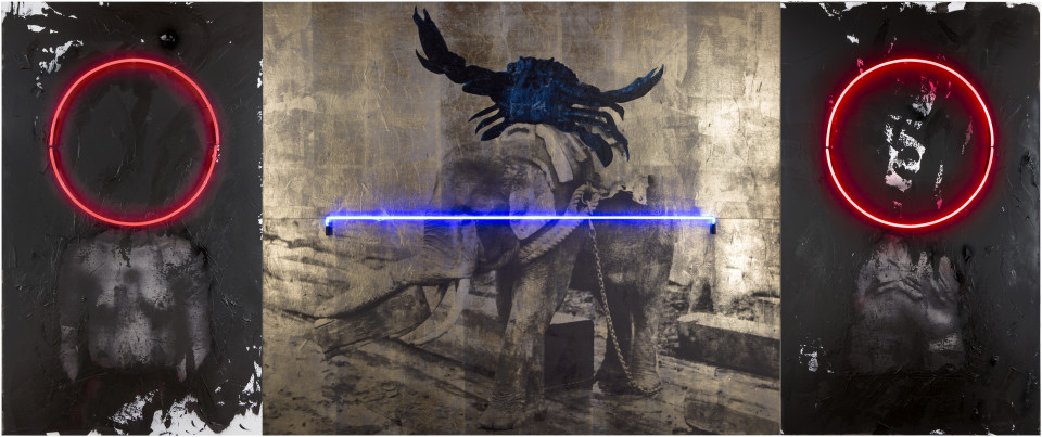 Beginning of the shape (Morphogenesis), 2016, Linen, acrylic paint and spray, ink, foil, neon, 250 x 600 x 5 cm; Triptych: 250 x 150 x 5 ; 250 x 300 x 5 ; 250 x 150 x 5 cm