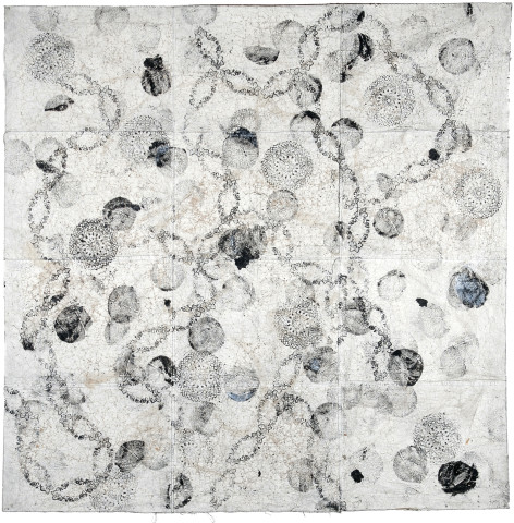 Newell Harry Untitled, 2008; Boot polish, oilstick, gesso on crumpled and stitched paper, eyelets; 220 x 220 cm; enquire