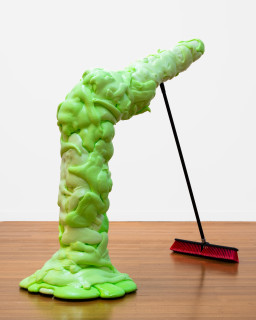 Dale Frank A dead homeless man simulating bending to reach perfection, 2026; flexible polyurethane foam, wire, cloth, broom; 165 x 170 x 90 cm; more info; enquire