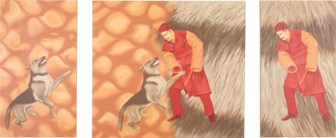 Maria Kozic Manimal (dog - trainer), 1989; acrylic on three canvases; 134.5 x 323 cm; enquire