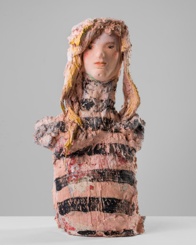 Linda Marrinon Woman with striped top, 2020; plaster, hessian, foam; 50 x 26 x 16 cm; more info; enquire