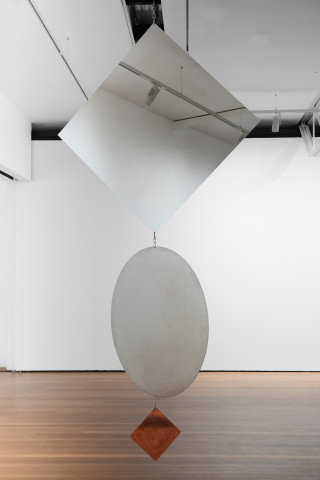 Mikala Dwyer Flat Square Circle Sculpture, 2019; pol­ished stain­less steel and copper; 350 x 160 x 160 cm; enquire
