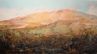 Mandy Martin Lost Landscape; the Tailings Dam, 2002; oil, ochre and pigment on linen; 125 x 243 cm; enquire