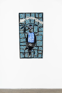 installation view; Dhambit Munuŋgurr Bol'ŋu, 2025; 2299-25; acrylic and earth pigment on bark; 127 x 68 cm; enquire
