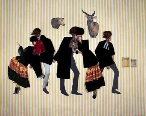 Jacqueline Fraser The Ventriloquist says, 2005; faux fur, flowered organza, sequin organza, French brocade, French silk brocade, French tapestry, metallic fringing, back light photo, wigs; 240 x 350 cm; enquire