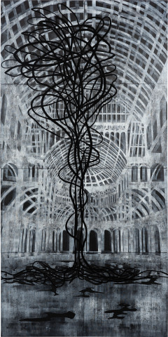 Caroline Rothwell Sapling, 2022; acrylic, Charbonelle ink, archival graphic film on birch panels; 240 x 120 cm; more info; enquire