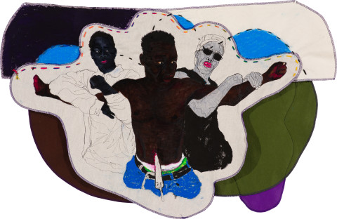 Pierre Mukeba (Selfie), 2022; Kikwembe, calico, oil paint, ink, brush pen, acrylic paint, pastel, fabric on unprimed canvas; 57 x 91 cm; more info; enquire